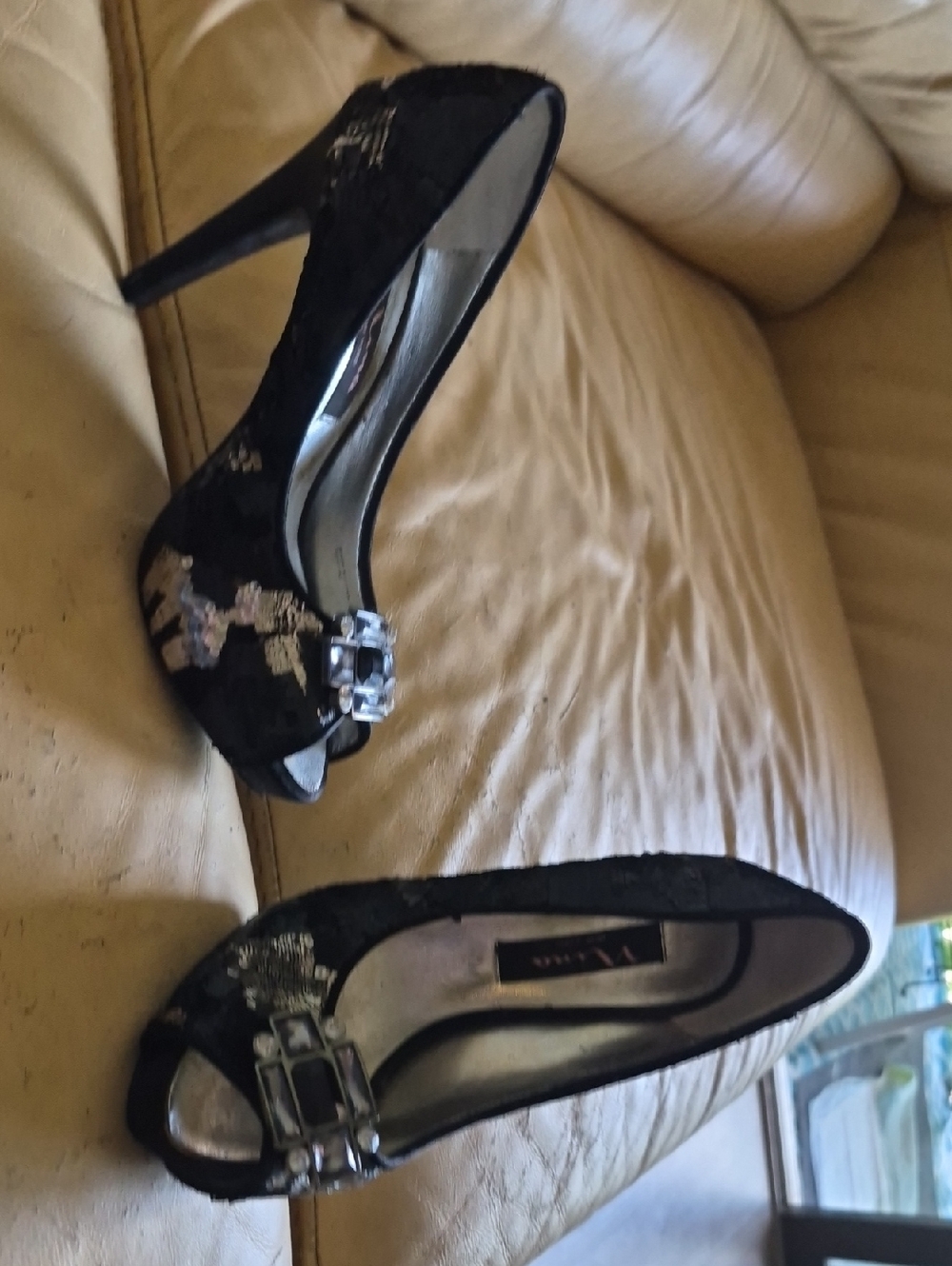 Nina Black Lace Peep-Toe Heels with Rhinestone Buckle
